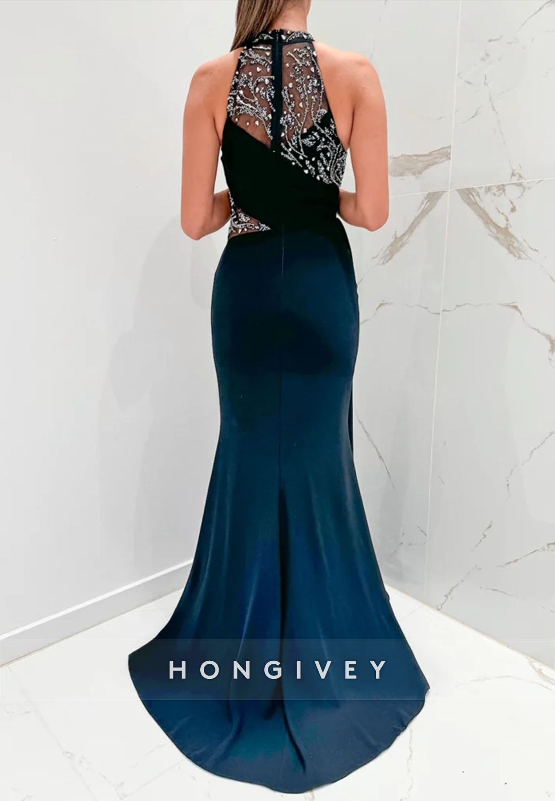 Side Draping Formal Dresses Pleated Beading Halter Trumpet Sleeveless Evening Gown