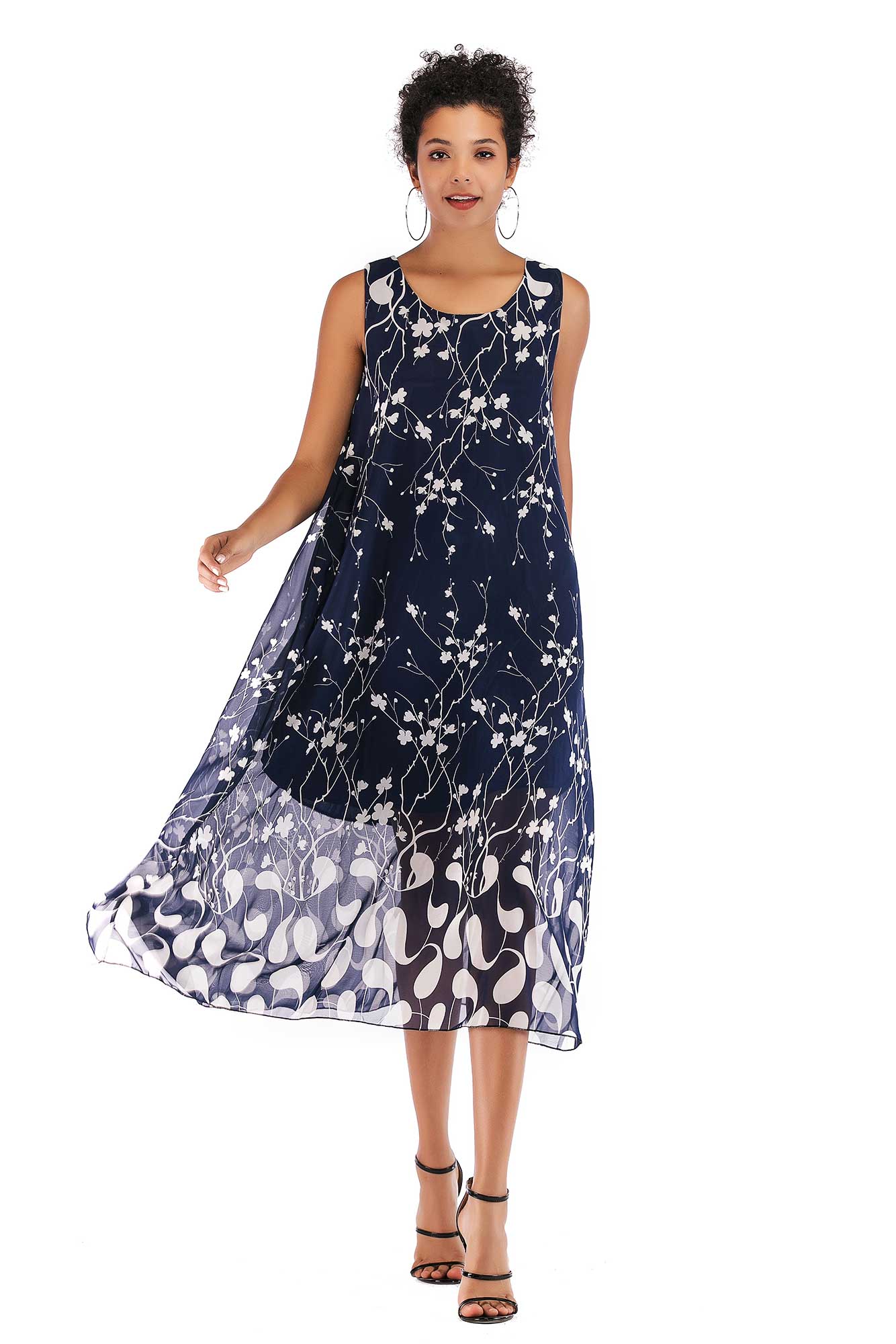 Floral Print Loose Scoop Chiffon Casual Maxi Dress - Mislish