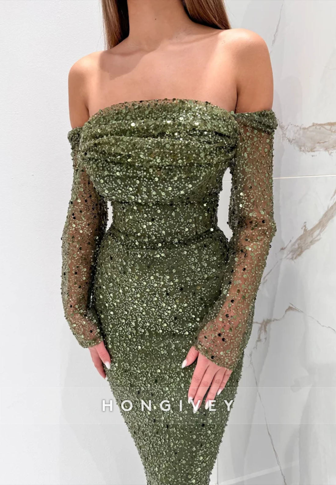 Square Detachable Pleated Floor-Length Sheath Long Sleeves Sequined Evening Gown