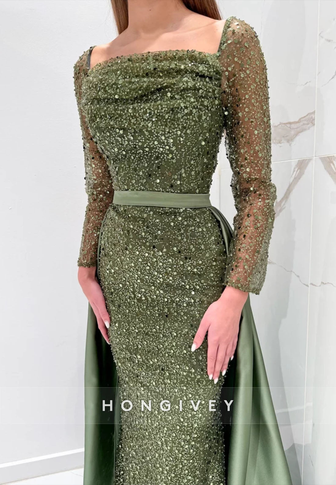 Square Detachable Pleated Floor-Length Sheath Long Sleeves Sequined Evening Gown
