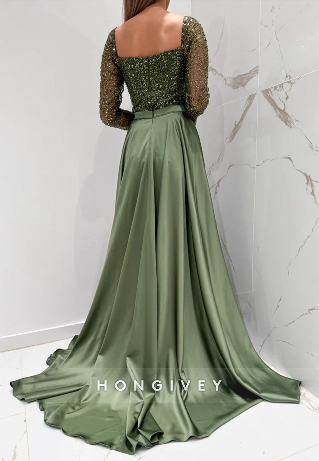 Square Detachable Pleated Floor-Length Sheath Long Sleeves Sequined Evening Gown