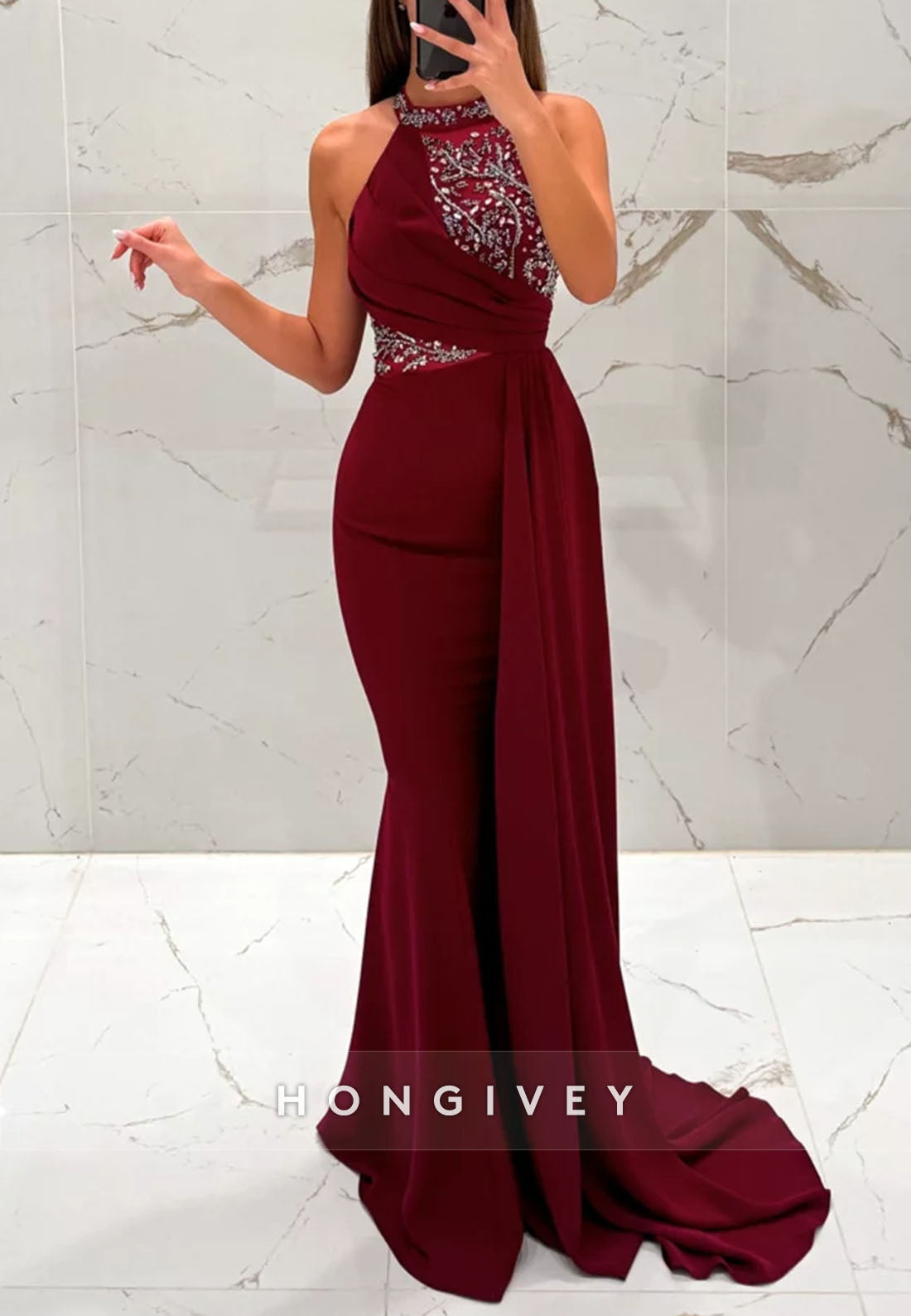 Side Draping Formal Dresses Pleated Beading Halter Trumpet Sleeveless Evening Gown