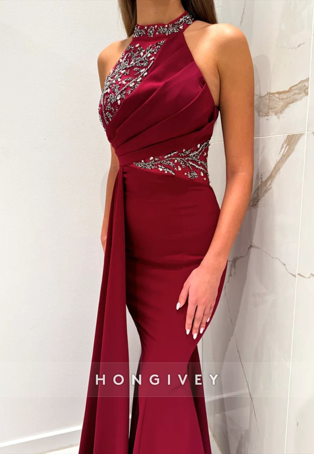 Side Draping Formal Dresses Pleated Beading Halter Trumpet Sleeveless Evening Gown