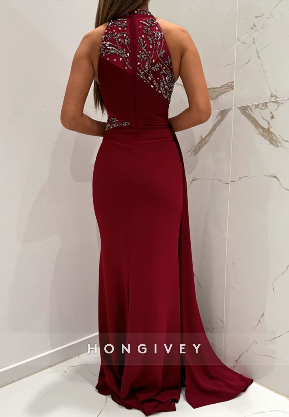 Side Draping Formal Dresses Pleated Beading Halter Trumpet Sleeveless Evening Gown
