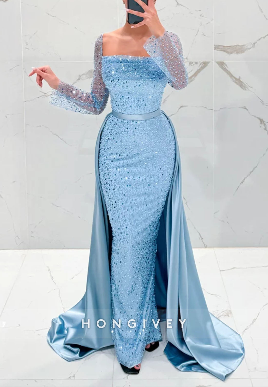 Square Detachable Pleated Floor-Length Sheath Long Sleeves Sequined Evening Gown