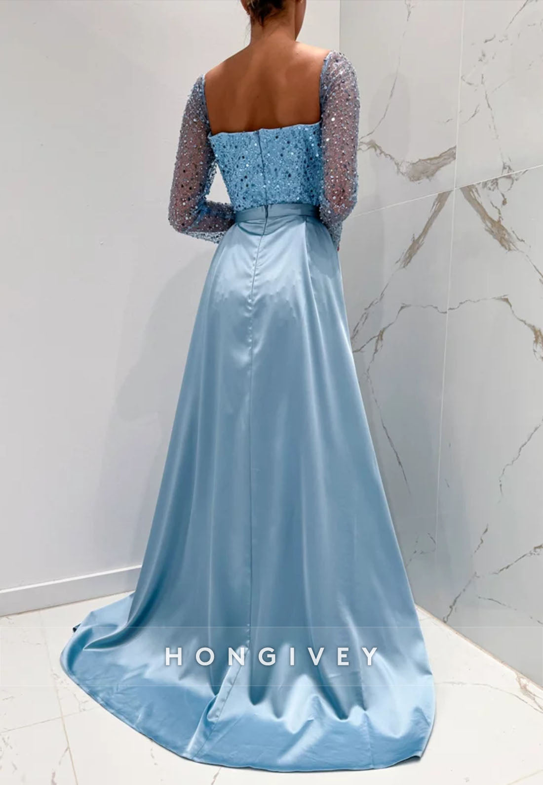Square Detachable Pleated Floor-Length Sheath Long Sleeves Sequined Evening Gown