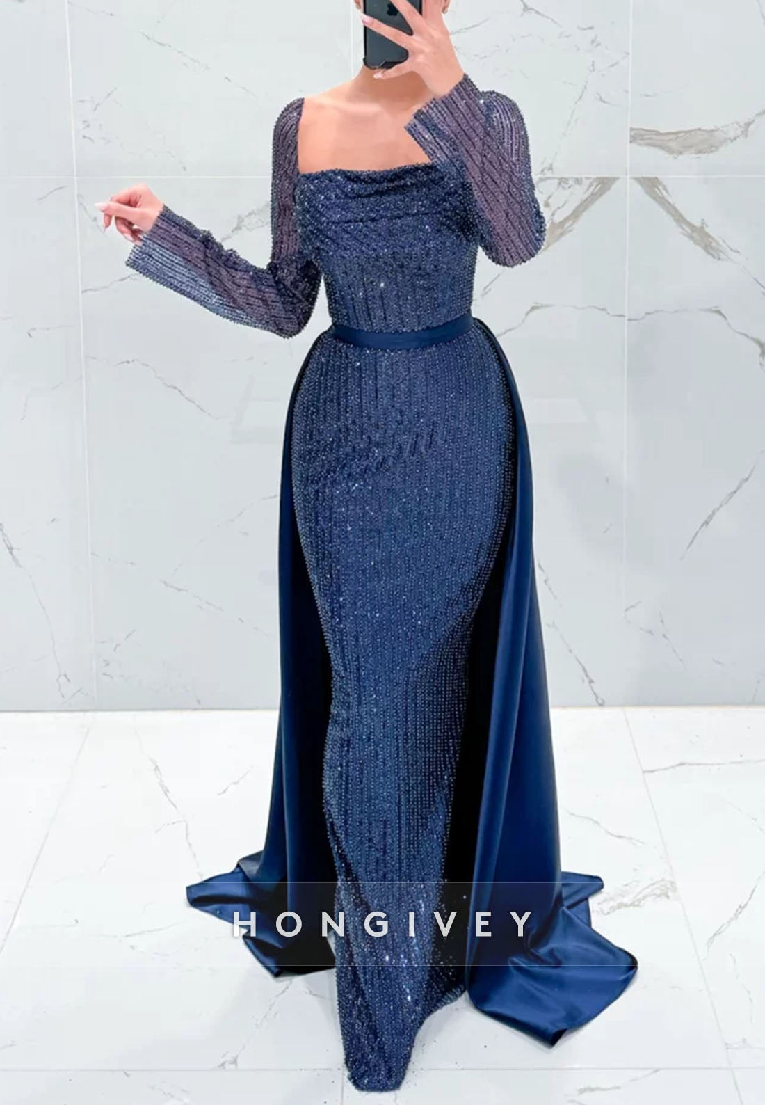 Square Detachable Pleated Floor-Length Sheath Long Sleeves Sequined Evening Gown
