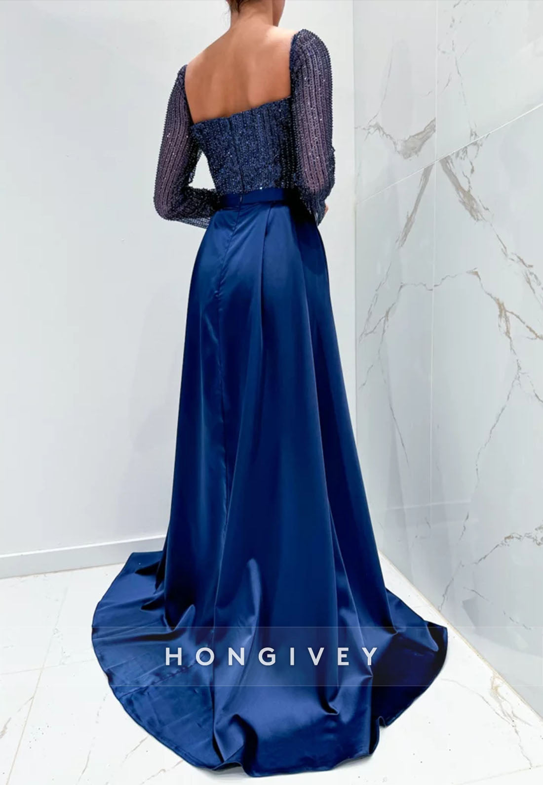 Square Detachable Pleated Floor-Length Sheath Long Sleeves Sequined Evening Gown