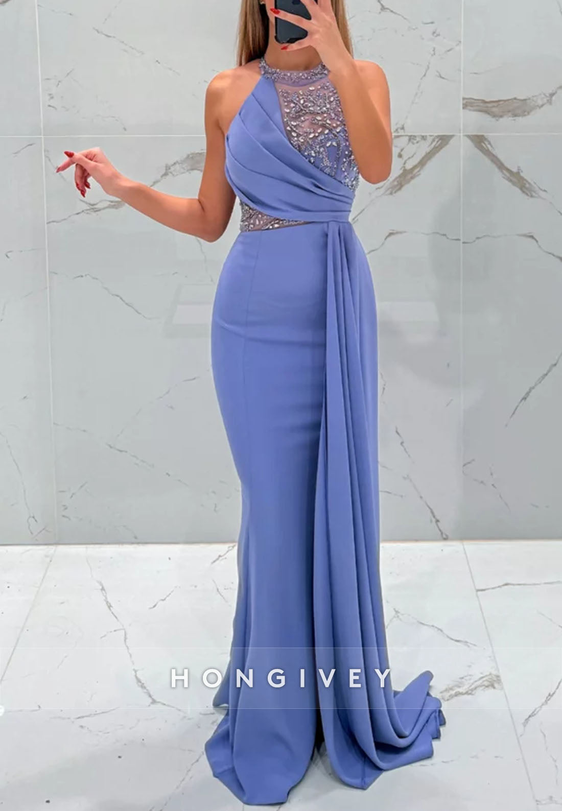 Side Draping Formal Dresses Pleated Beading Halter Trumpet Sleeveless Evening Gown