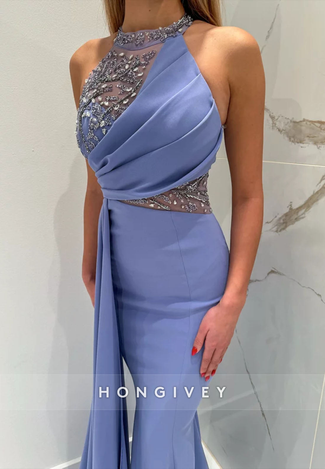 Side Draping Formal Dresses Pleated Beading Halter Trumpet Sleeveless Evening Gown