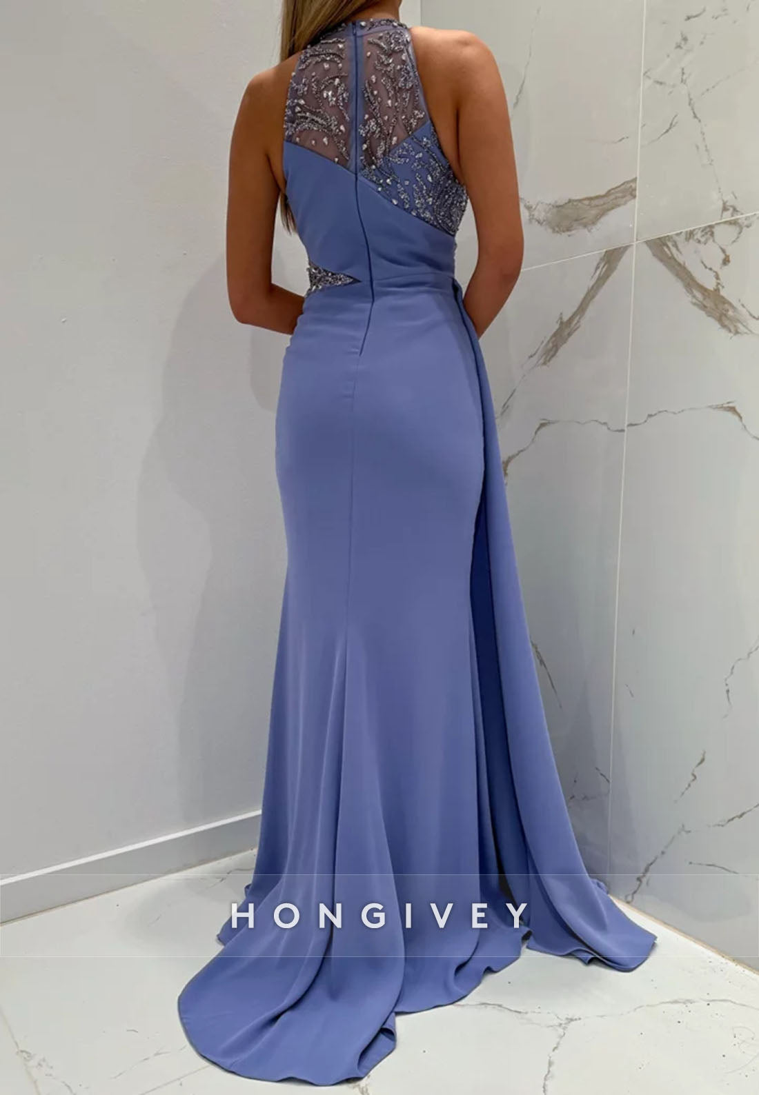 Side Draping Formal Dresses Pleated Beading Halter Trumpet Sleeveless Evening Gown