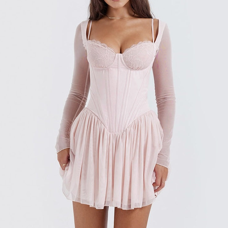 Corset Sweetheart Long Sleeve Tulle Mini Dress 4