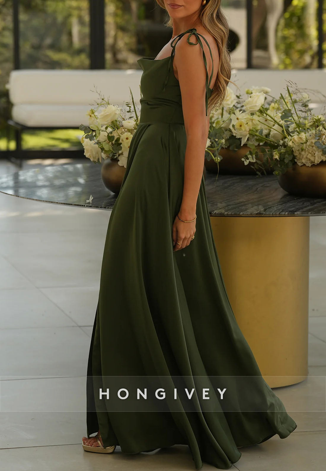 Side Slit A-line Floor-Length Satin Regular Straps Pleated Evening Gown