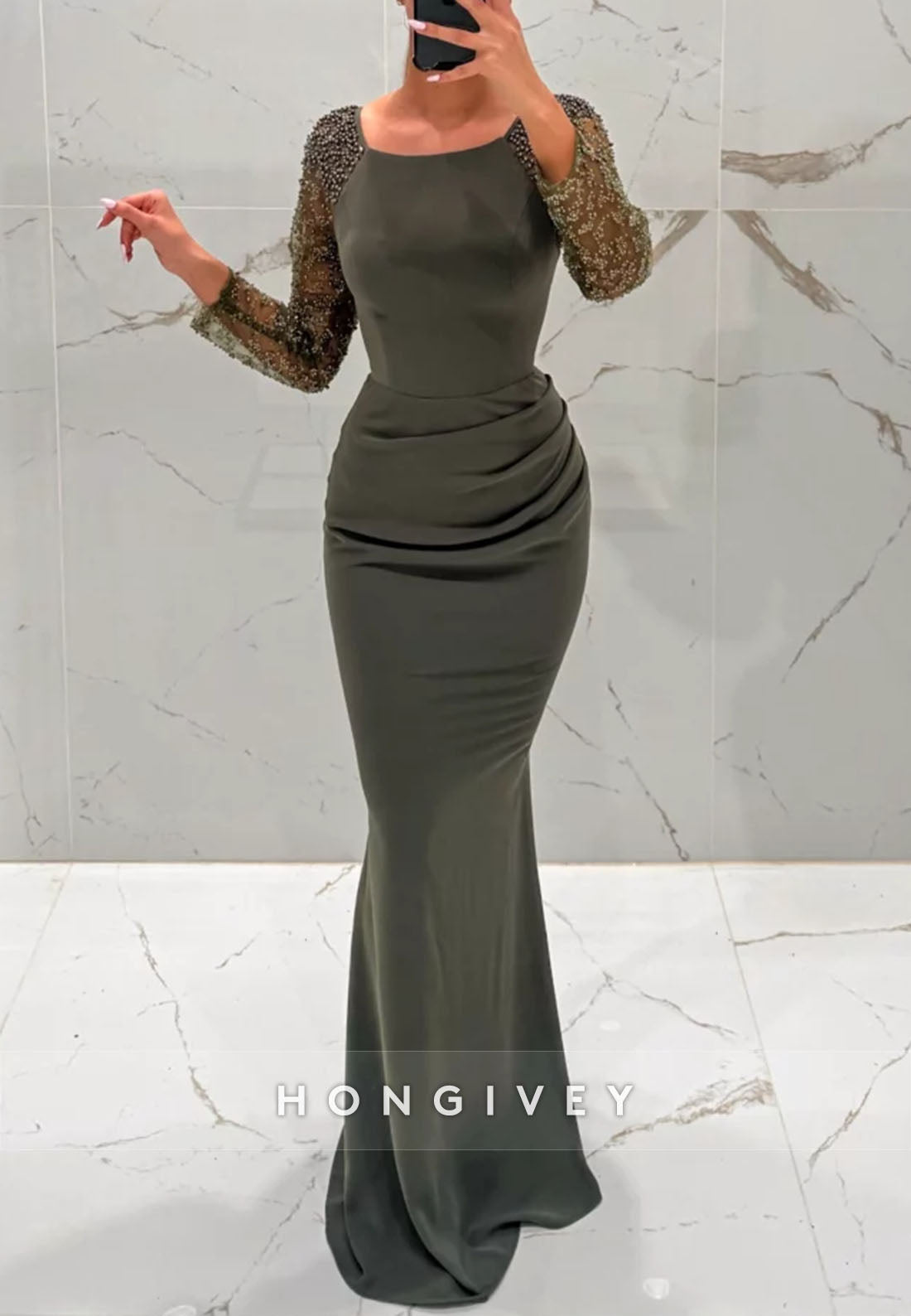 Detachable Evening Gown Sheath Floor-Length Watteau Train Long Sleeve Formal Dresses
