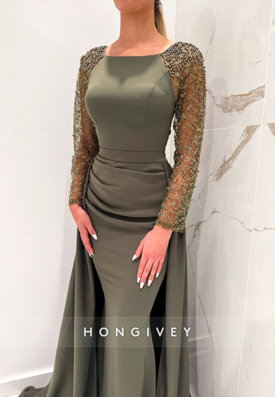 Detachable Evening Gown Sheath Floor-Length Watteau Train Long Sleeve Formal Dresses