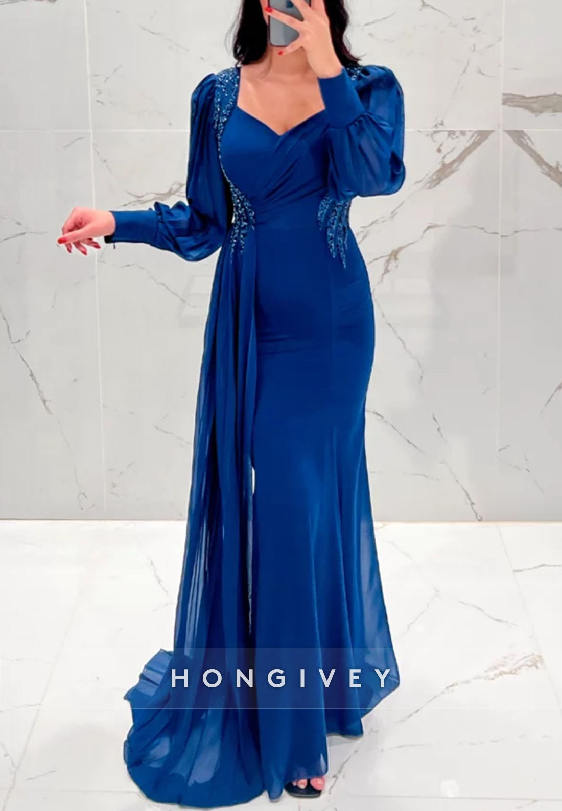 Pleated Long Sleeve Side Draping Ruffles Appliqued Floor-Length Evening Gown