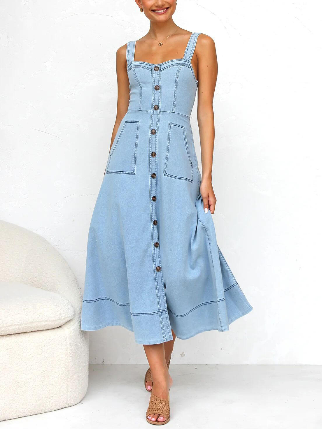 Denim Suspender Casual Button Midi Dress - Fashionpara