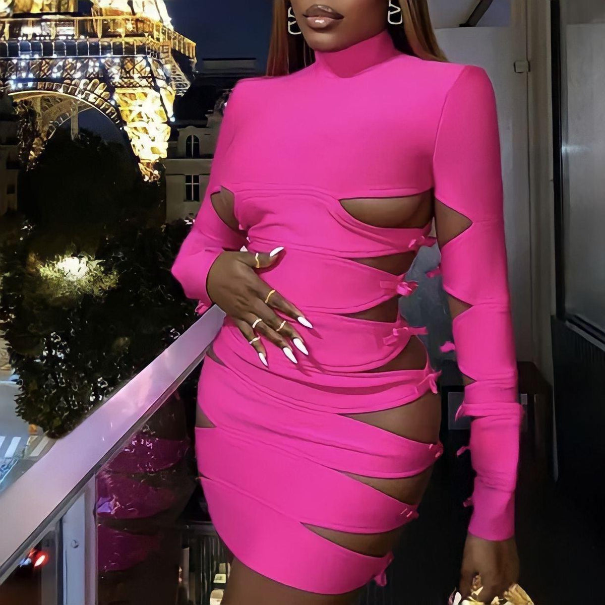 Mock Neck Long Sleeve Cutout Bandage Bodycon Mini Dress 3