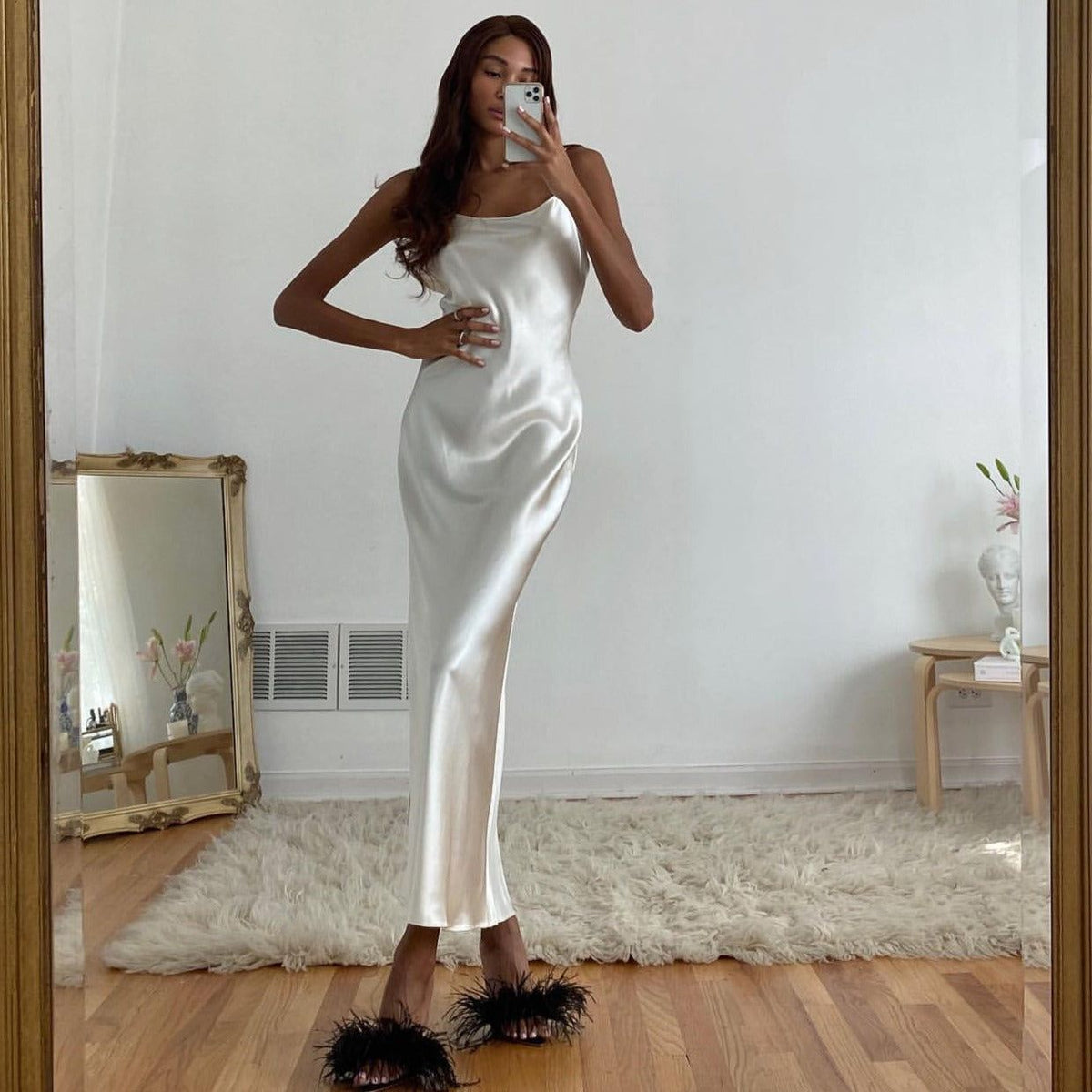 Metallic Satin Cowl Neck Spaghetti Strap Slip Dress 6