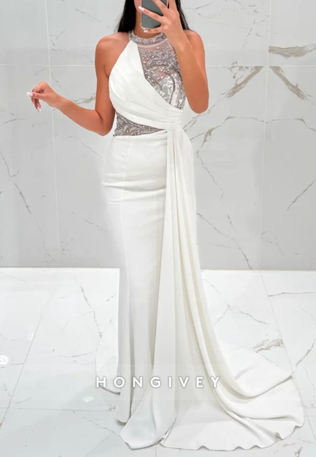 Side Draping Formal Dresses Pleated Beading Halter Trumpet Sleeveless Evening Gown