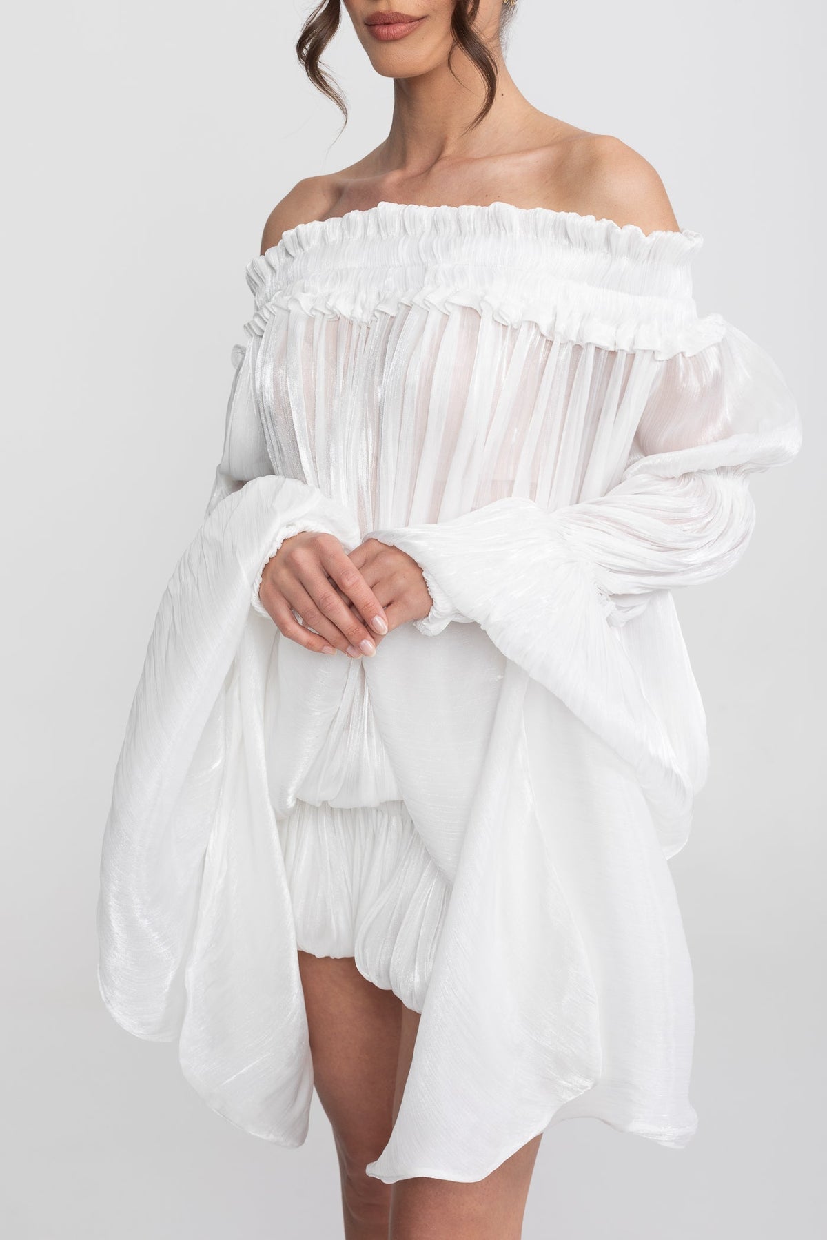 Off-Shoulder Ruffle Mini Dress With Draped Sleeves - White - View 6