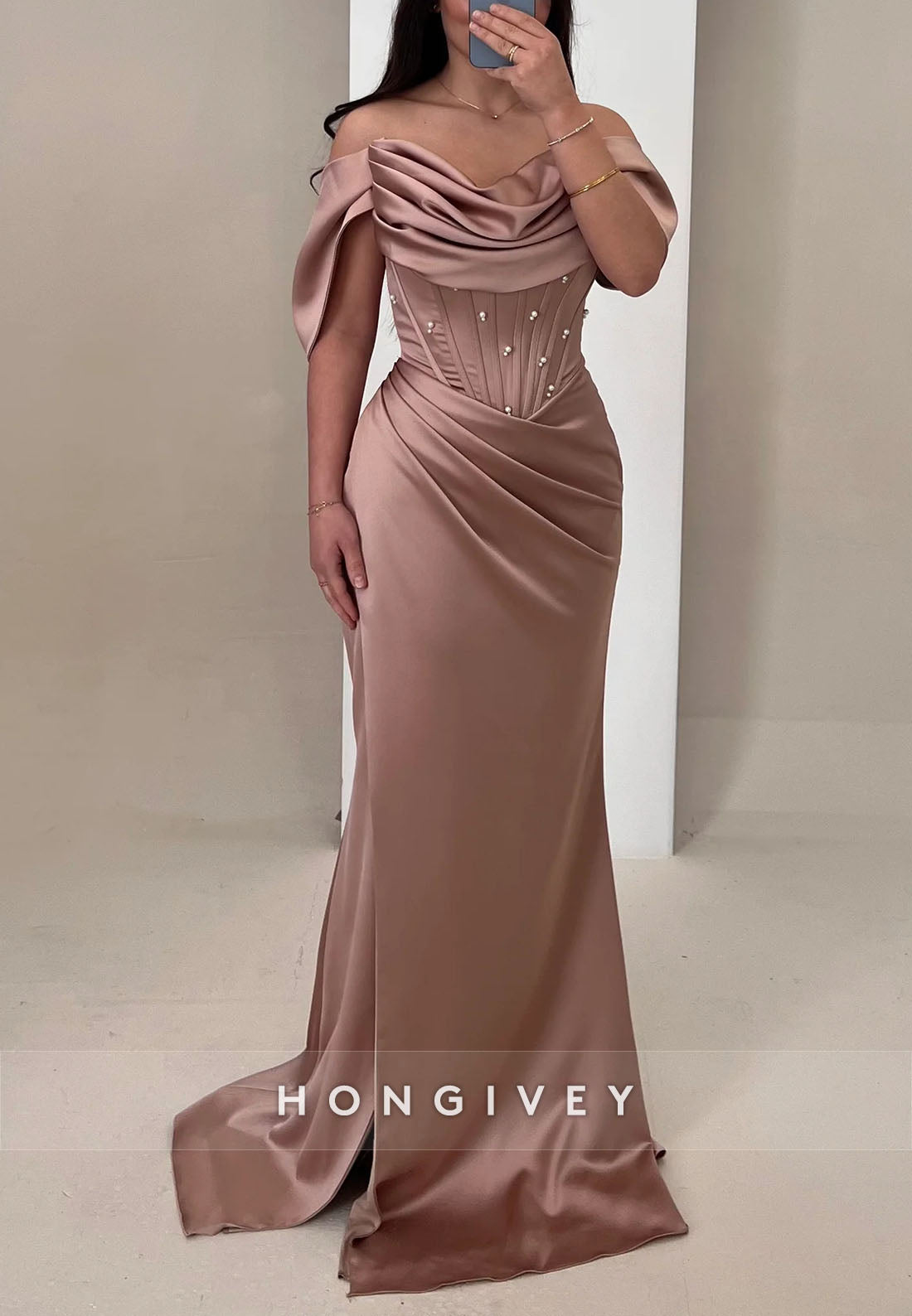 Column Off the Shoulder Sweep Train Pleated Satin Evening Gown