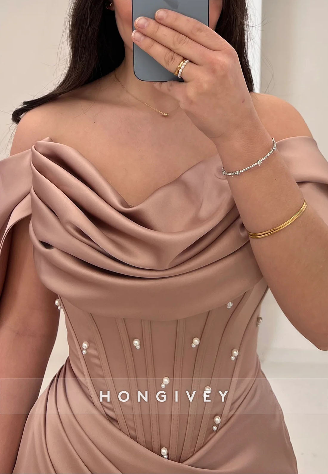 Column Off the Shoulder Sweep Train Pleated Satin Evening Gown