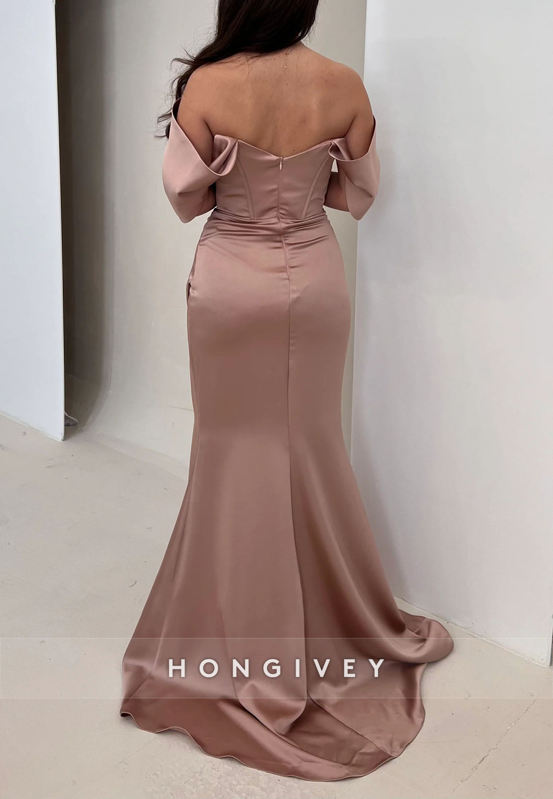 Column Off the Shoulder Sweep Train Pleated Satin Evening Gown