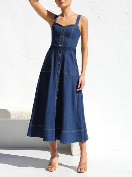 Denim Suspender Casual Button Midi Dress - Fashionpara