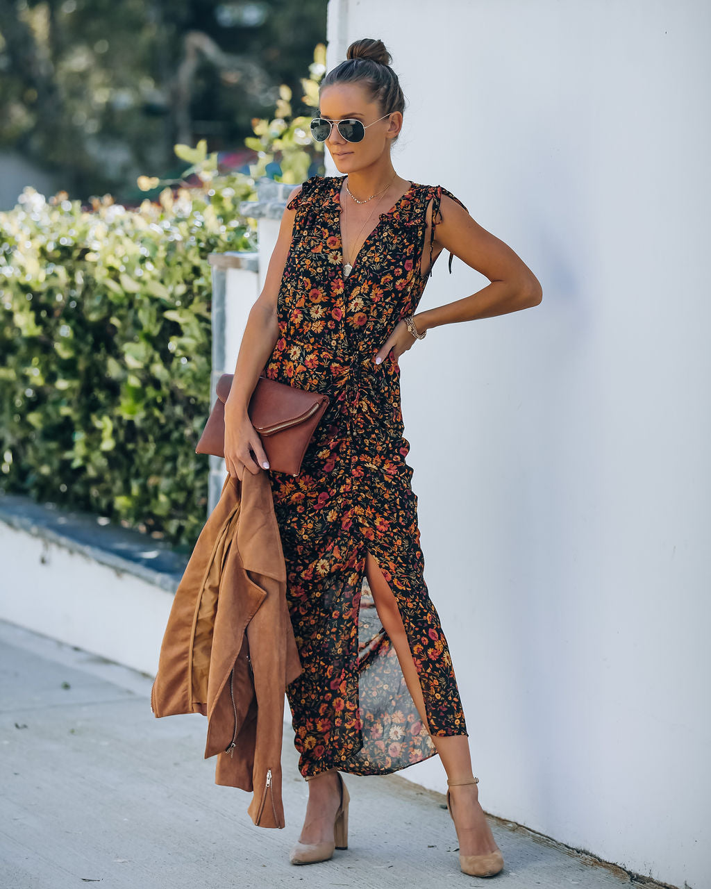 Floral Print V-Neck Sleeveless Ruched Slit Midi Dress