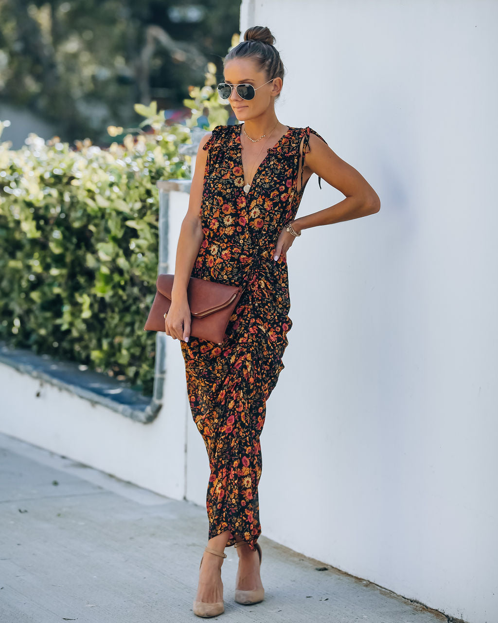 Floral Print V-Neck Sleeveless Ruched Slit Midi Dress