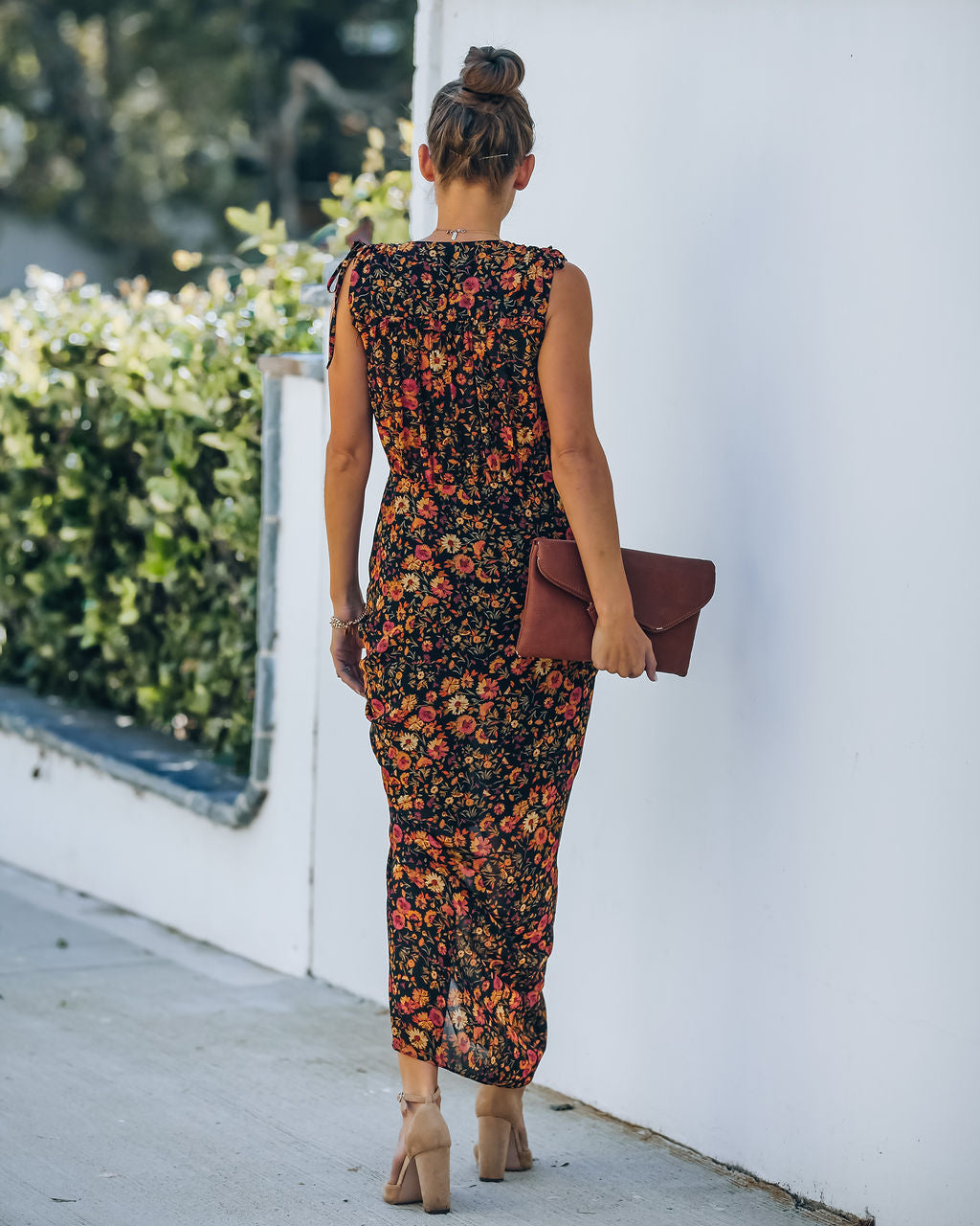 Floral Print V-Neck Sleeveless Ruched Slit Midi Dress