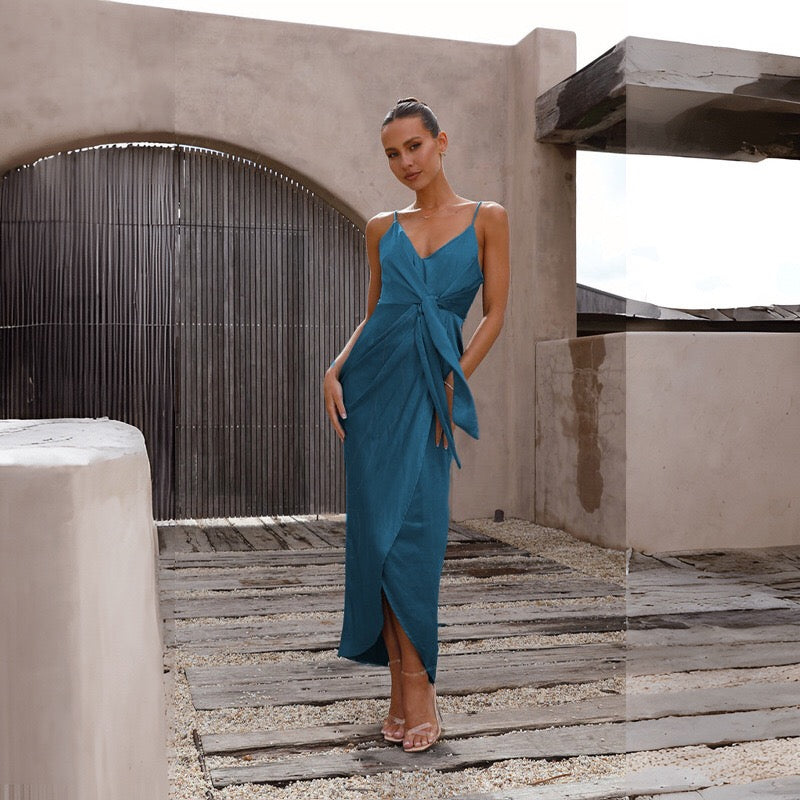 Simplee Casual Green V-neck Strap Midi Women Dress 2021 Asymmetrical Belt Holiday A-line Summer Dress Sleeveless Party Vestidos  Fashionpara