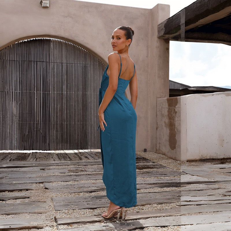 Simplee Casual Green V-neck Strap Midi Women Dress 2021 Asymmetrical Belt Holiday A-line Summer Dress Sleeveless Party Vestidos  Fashionpara