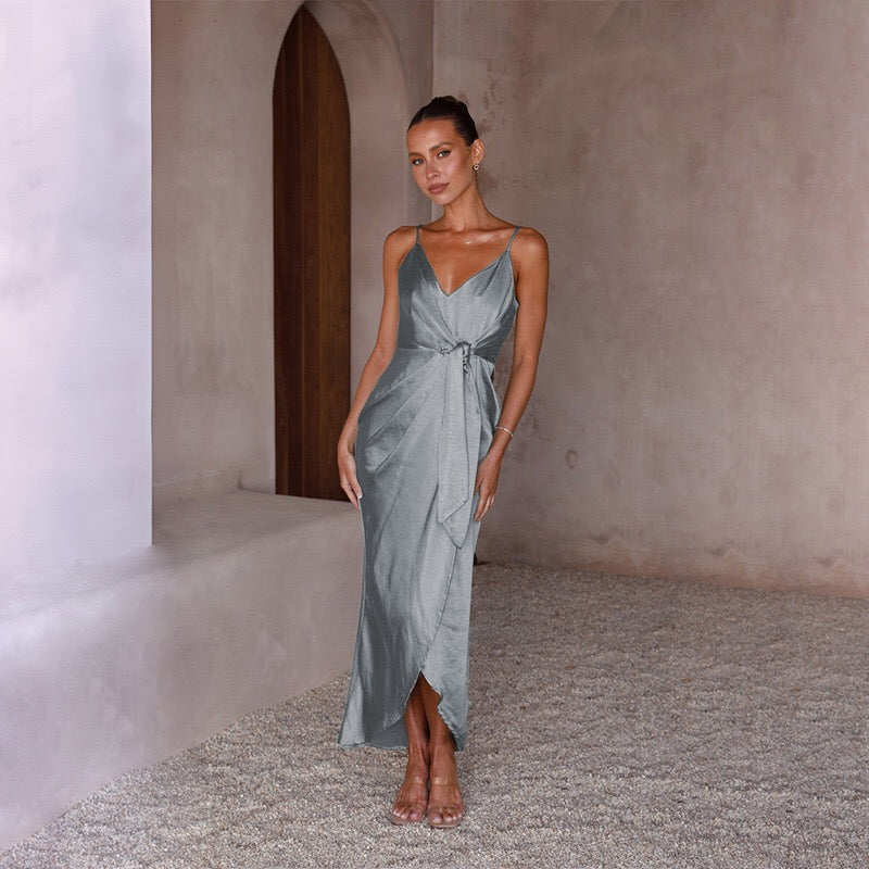 Simplee Casual Green V-neck Strap Midi Women Dress 2021 Asymmetrical Belt Holiday A-line Summer Dress Sleeveless Party Vestidos  Fashionpara