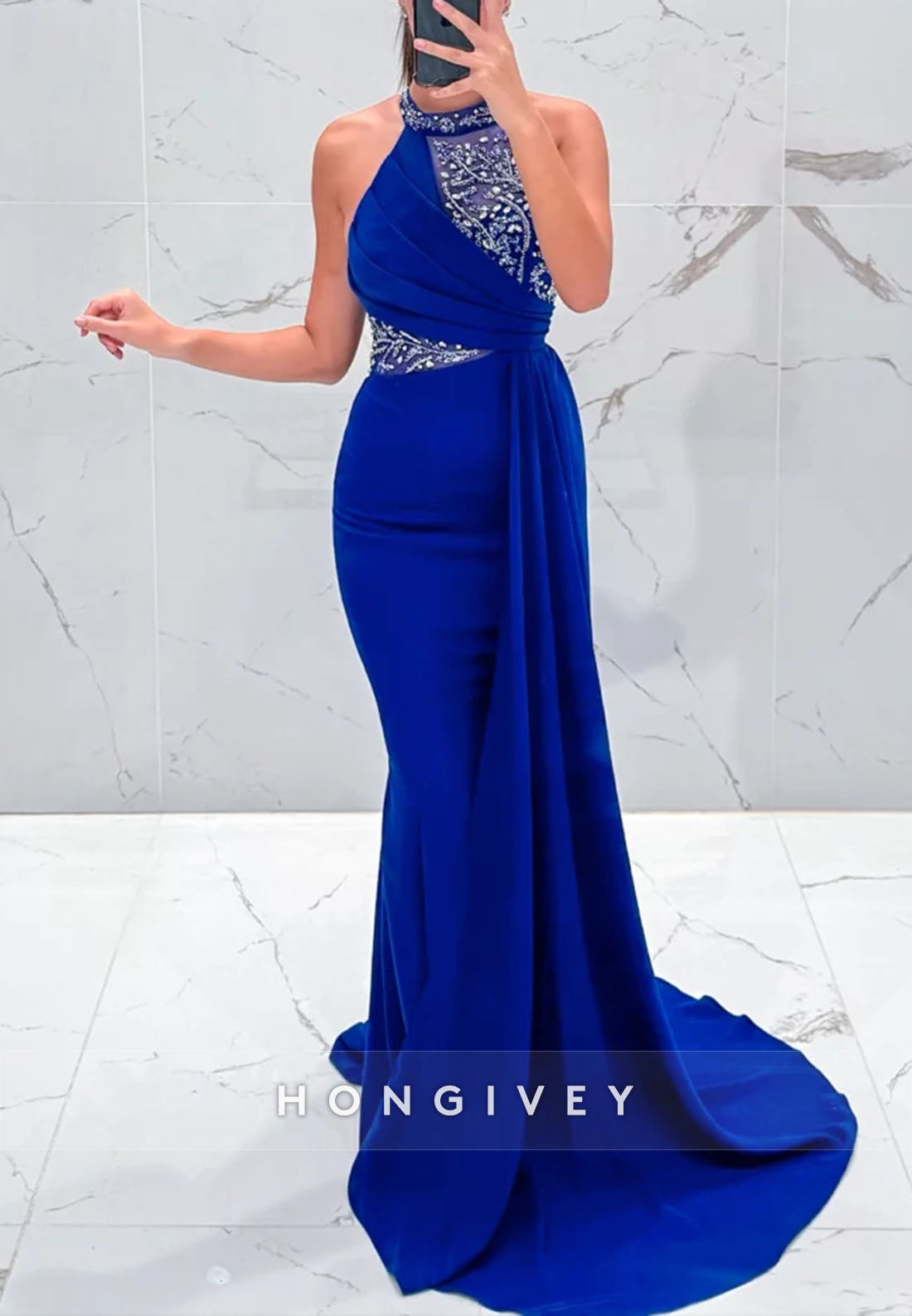 Side Draping Formal Dresses Pleated Beading Halter Trumpet Sleeveless Evening Gown