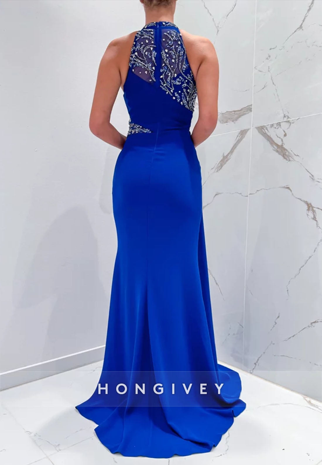 Side Draping Formal Dresses Pleated Beading Halter Trumpet Sleeveless Evening Gown