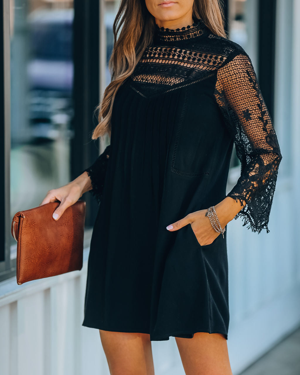 Crochet Lace High Neck Long Sleeve Shift Mini Dress