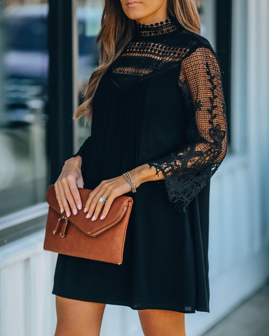 Crochet Lace High Neck Long Sleeve Shift Mini Dress
