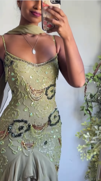 Classy Spaghetti Strap Sage Green Chiffon Beaded Mermaid Evening Dress Long Birthday Party Dress With Scarf D1452