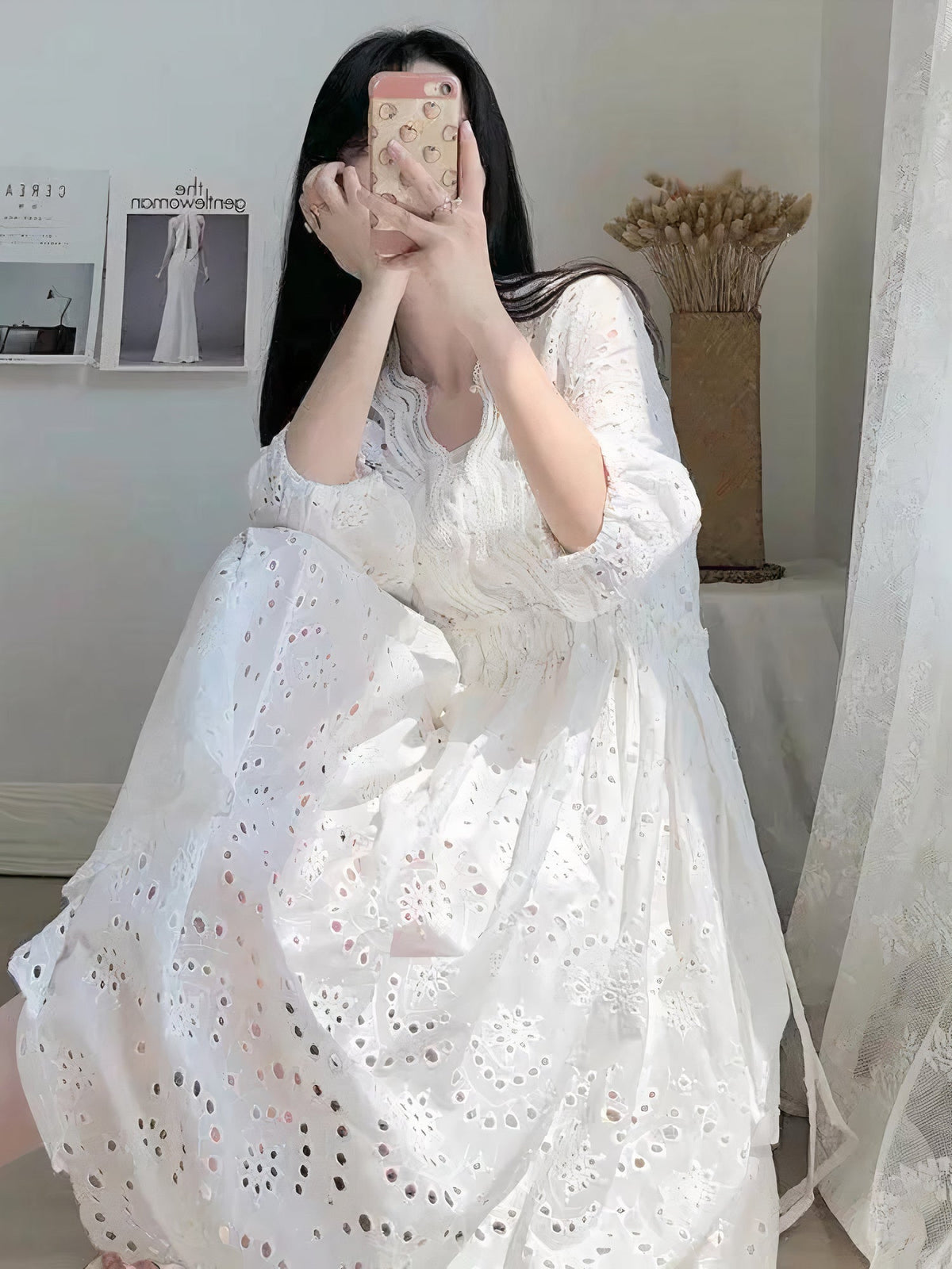 Eyelet Lace V-Neck Three Quarter Sleeve Button Down Midi Dress - View 3