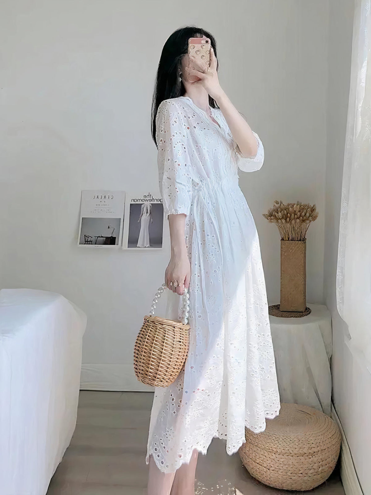 Eyelet Lace V-Neck Three Quarter Sleeve Button Down Midi Dress - View 2