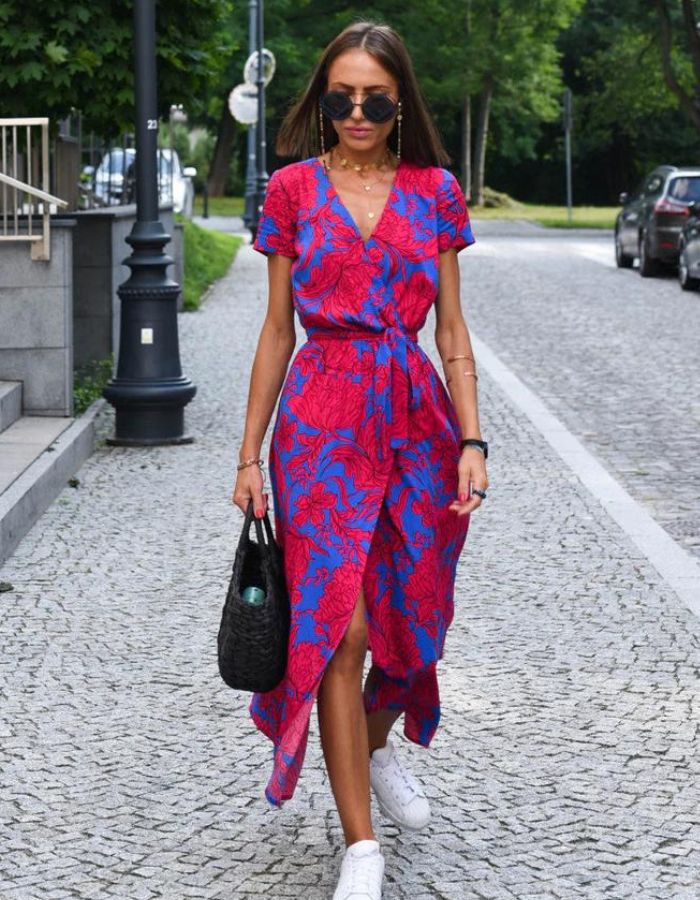 Wrap Front V-Neck Short Sleeve Belted Midi Dress