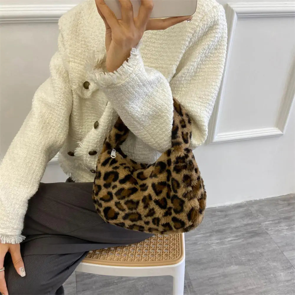 Soft Plush Leopard Pattern Shoulder Tote Handbag