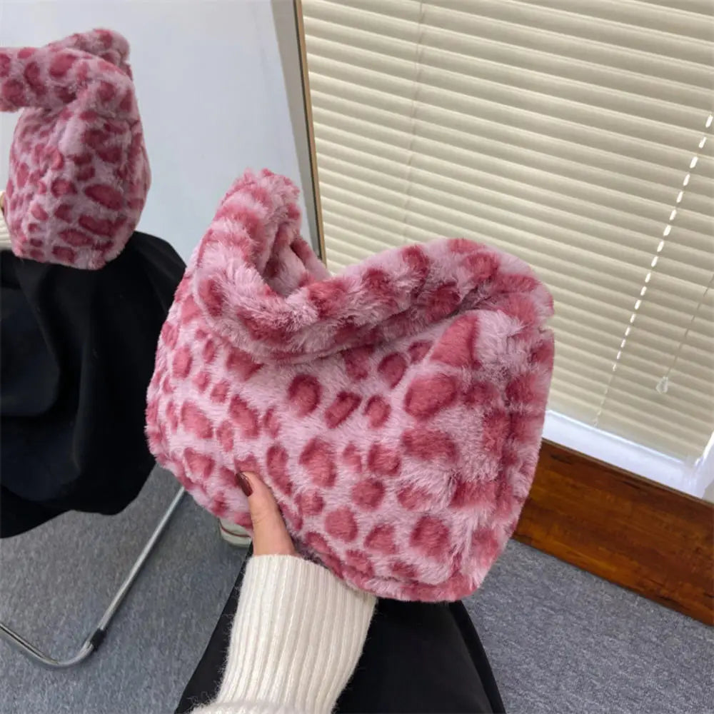 Soft Plush Leopard Pattern Shoulder Tote Handbag