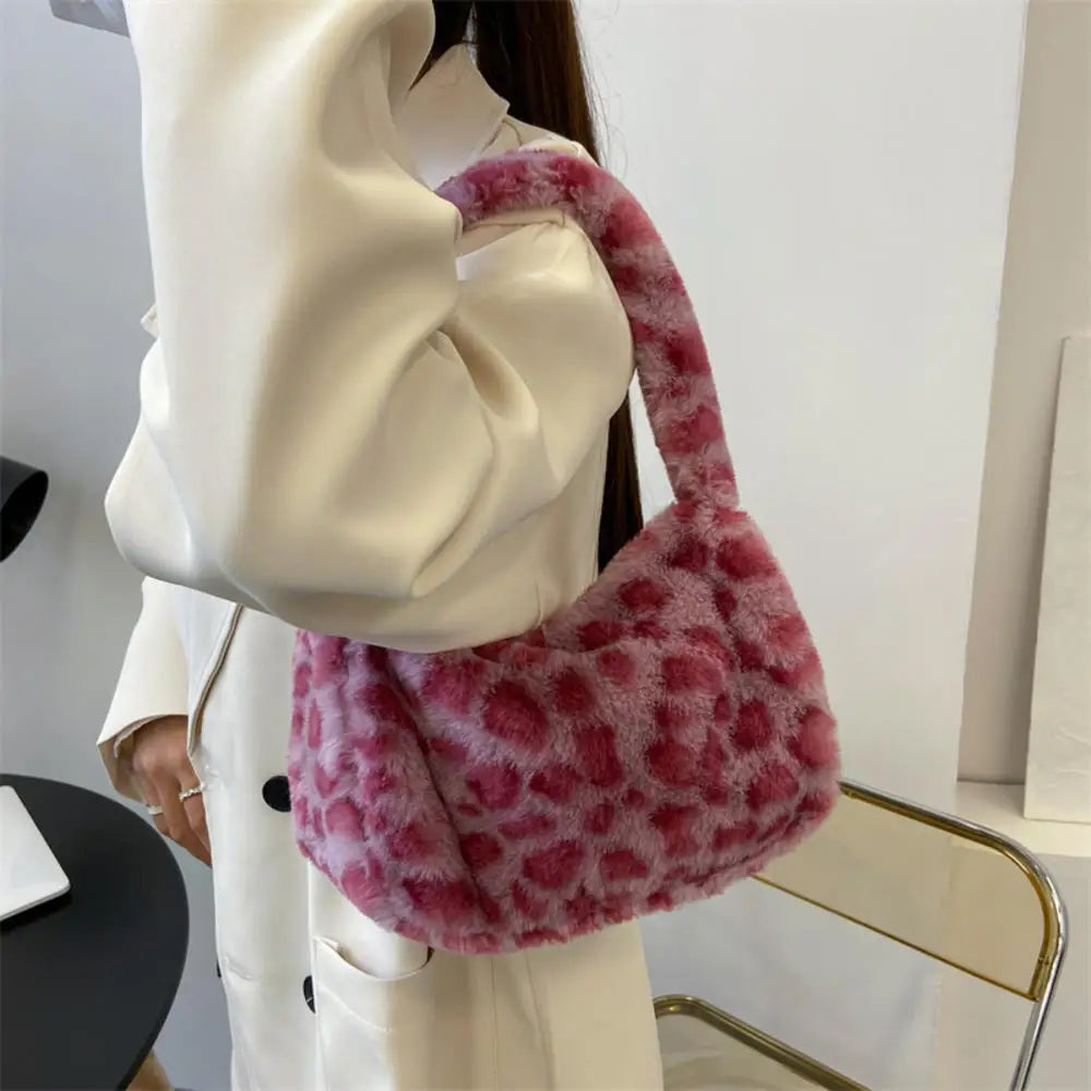 Soft Plush Leopard Pattern Shoulder Tote Handbag