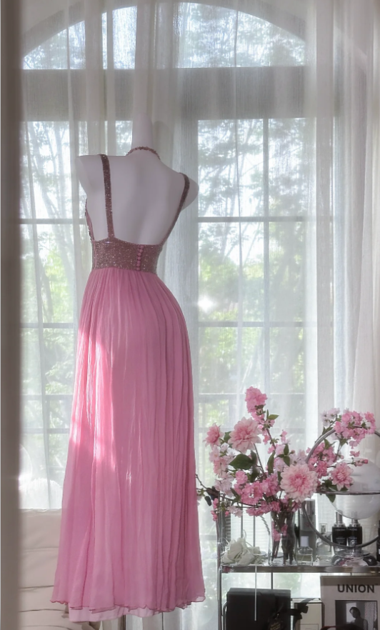 Classy Pink V Neck Chiffon Sequin A Line Long Party Dress Backless Birthday Prom Gown D1554
