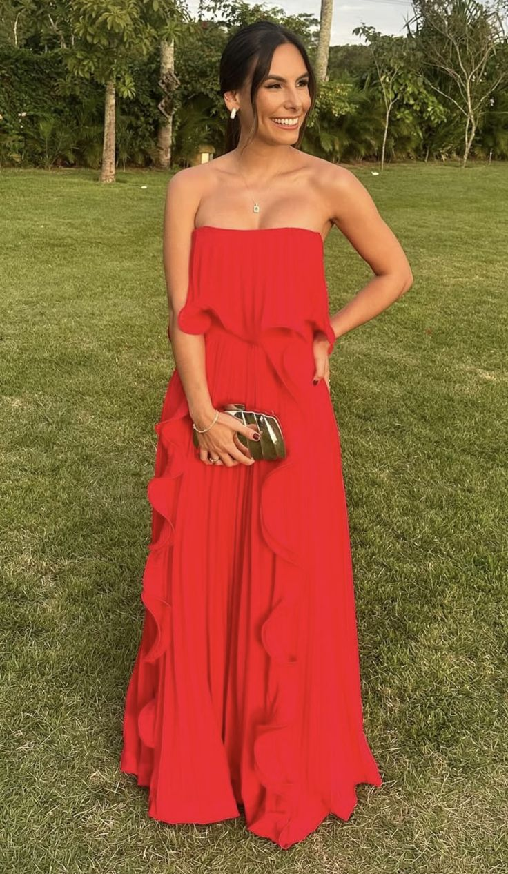 Sexy Strapless Red Chiffon Ruffle Party Dress Long Wedding Guest Dress D1153
