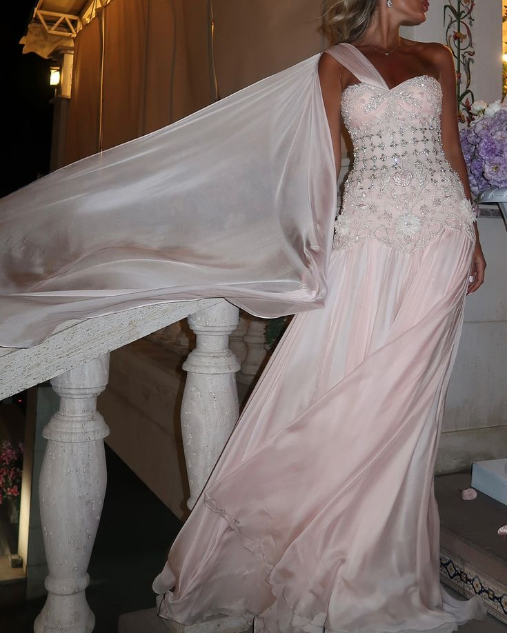 Pretty Pink One Shoulder Chiffon Beaded Appliques Long Party Dress Evening Dress D1017