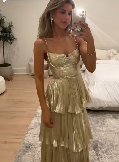 Stylish Gold Spaghetti Straps Satin Pleated Layered Long Wedding Guest Dress Evening Dress D1326